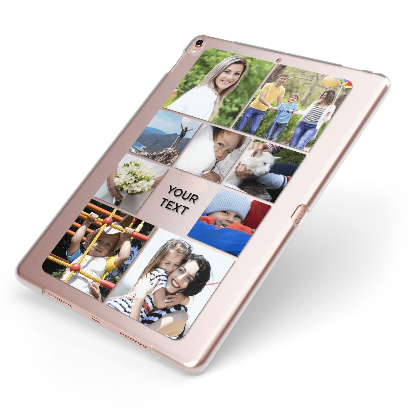 Personalised Photo Grid Apple iPad Case on Rose Gold iPad Side View