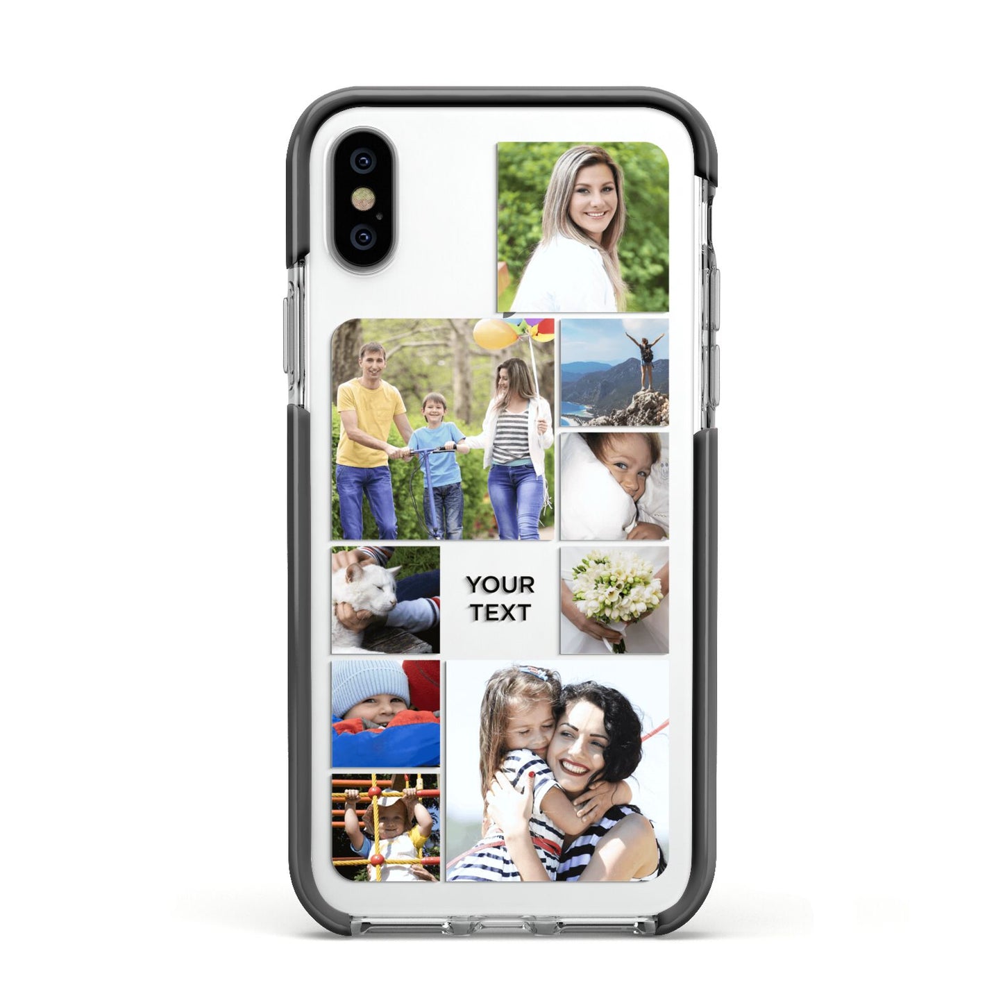 Personalised Photo Grid Apple iPhone Xs Impact Case Black Edge on Silver Phone