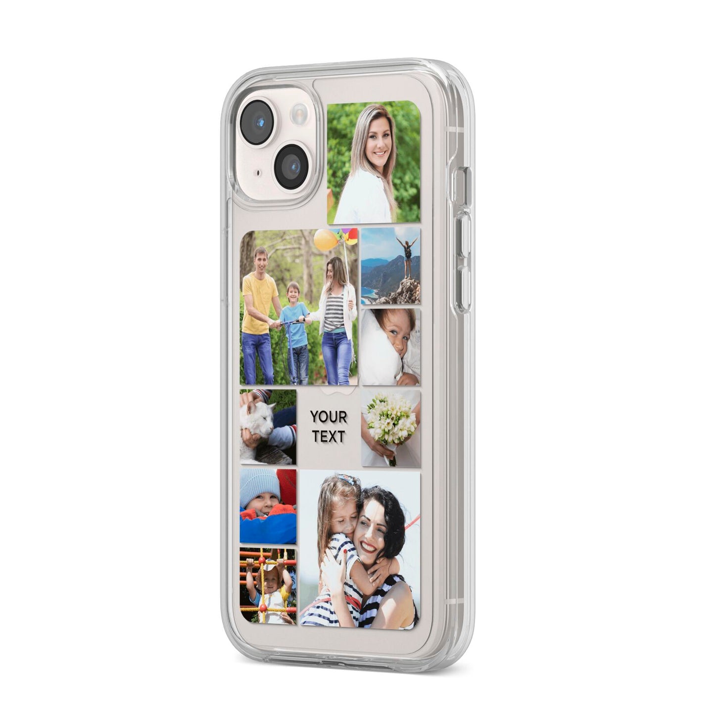 Personalised Photo Grid iPhone 14 Plus Clear Tough Case Starlight Angled Image