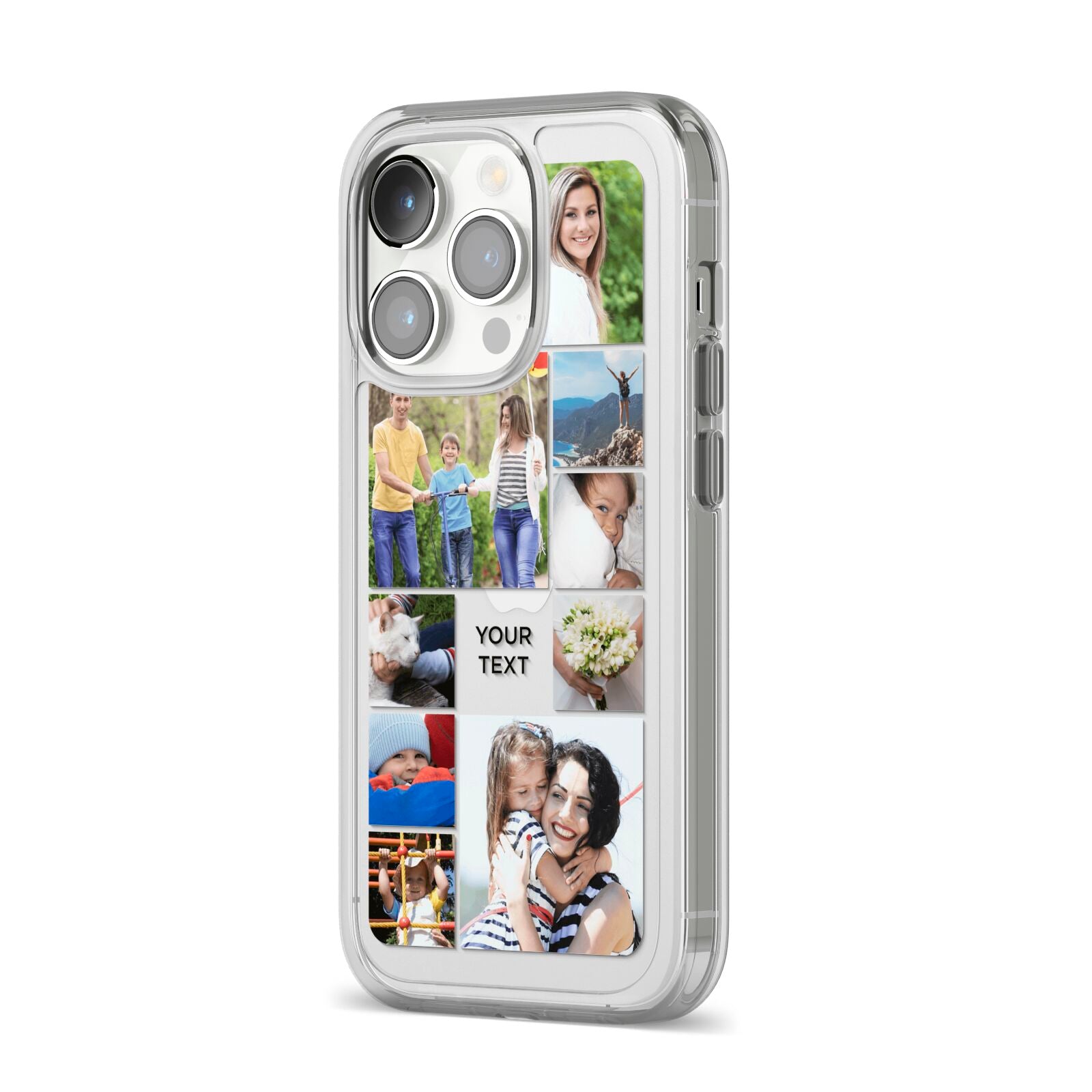 Personalised Photo Grid iPhone 14 Pro Clear Tough Case Silver Angled Image