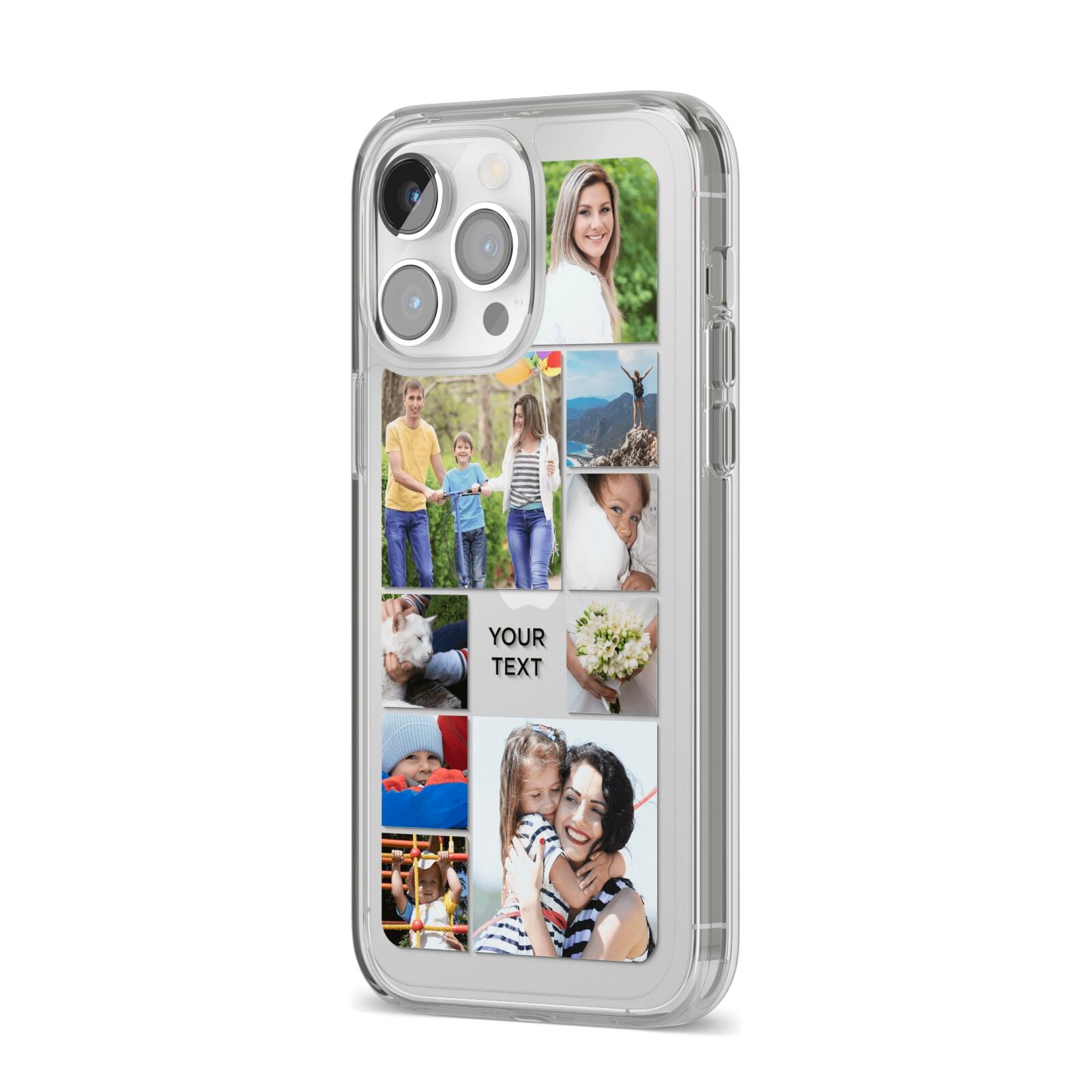 Personalised Photo Grid iPhone 14 Pro Max Clear Tough Case Silver Angled Image