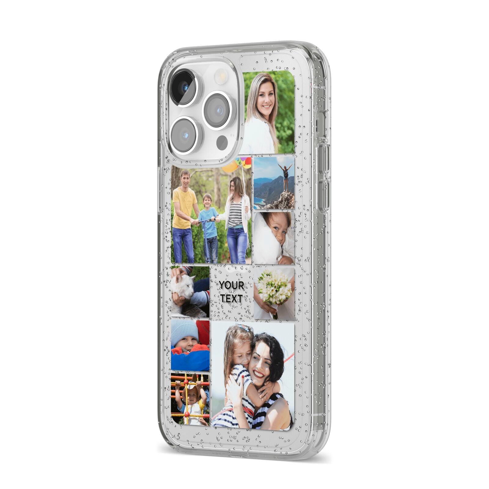 Personalised Photo Grid iPhone 14 Pro Max Glitter Tough Case Silver Angled Image