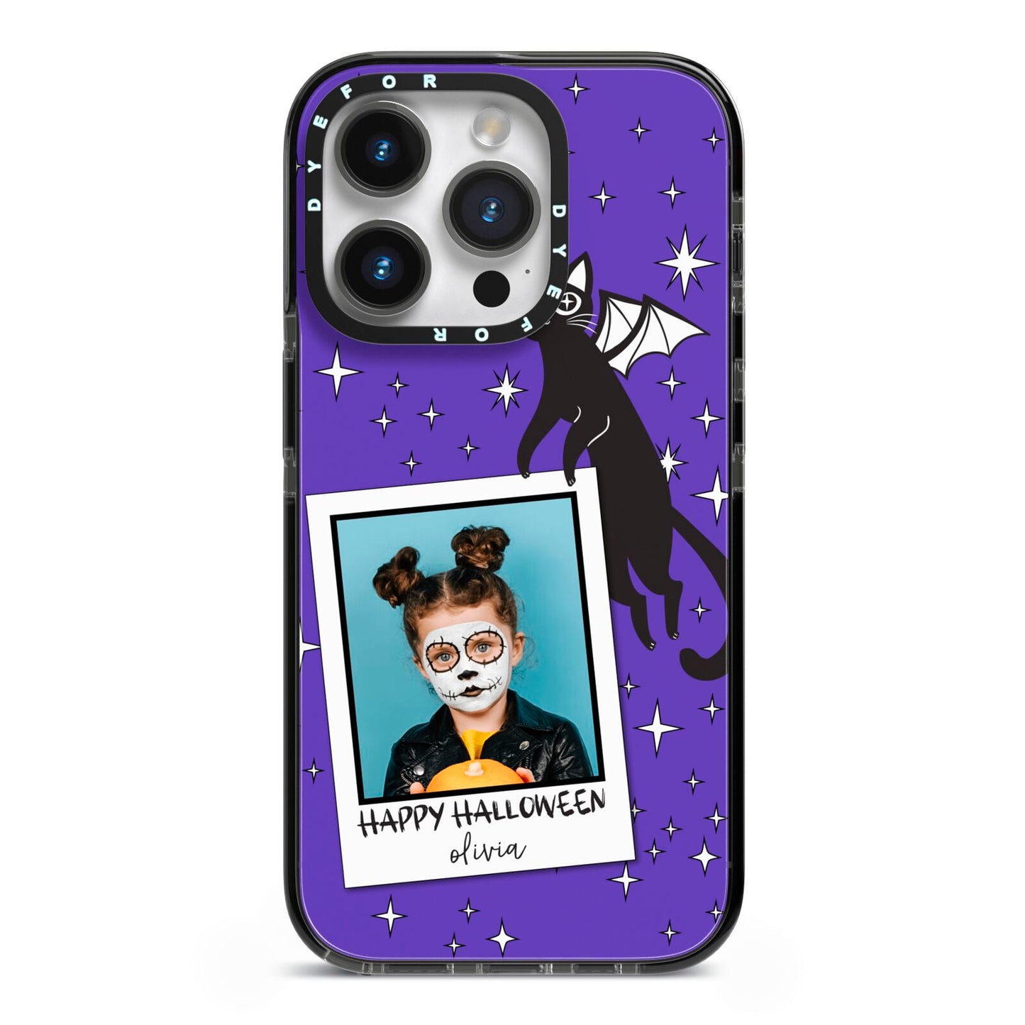 Personalised Photo Halloween iPhone 14 Pro Black Impact Case on Silver phone