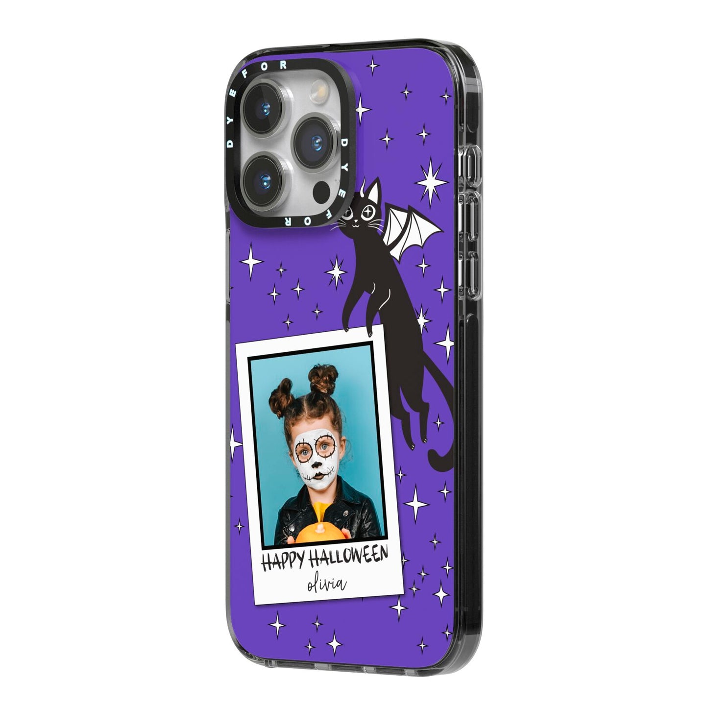 Personalised Photo Halloween iPhone 14 Pro Max Black Impact Case Side Angle on Silver phone