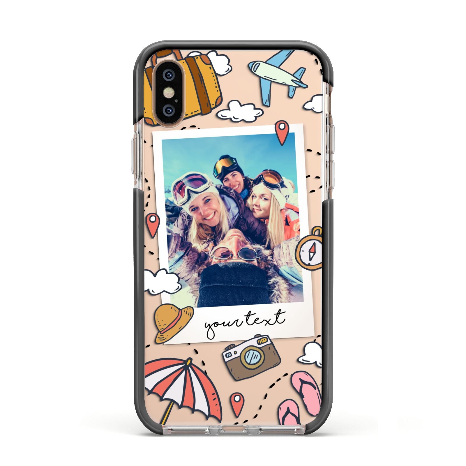 Personalised Photo Holiday Apple iPhone Xs Impact Case Black Edge on Gold Phone