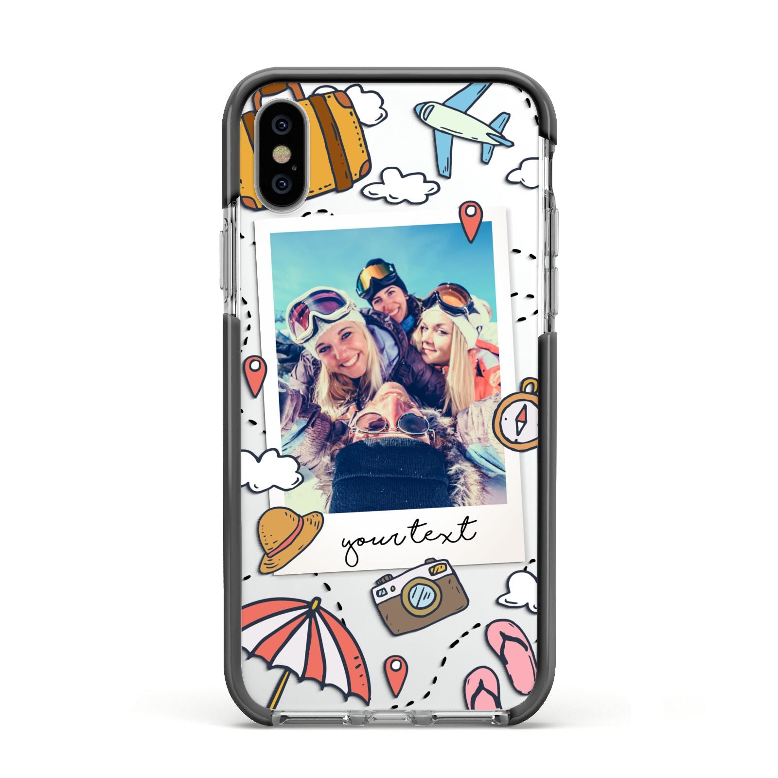 Personalised Photo Holiday Apple iPhone Xs Impact Case Black Edge on Silver Phone