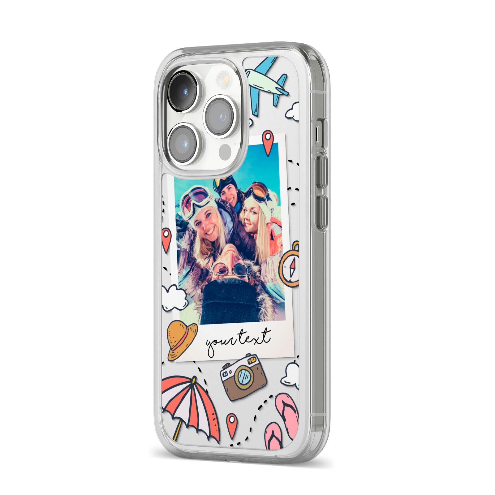 Personalised Photo Holiday iPhone 14 Pro Clear Tough Case Silver Angled Image