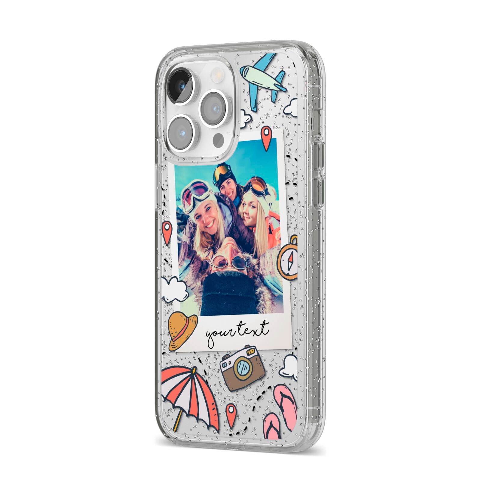 Personalised Photo Holiday iPhone 14 Pro Max Glitter Tough Case Silver Angled Image