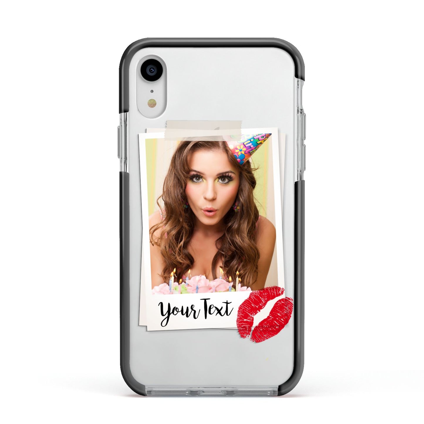 Personalised Photo Kiss Apple iPhone XR Impact Case Black Edge on Silver Phone
