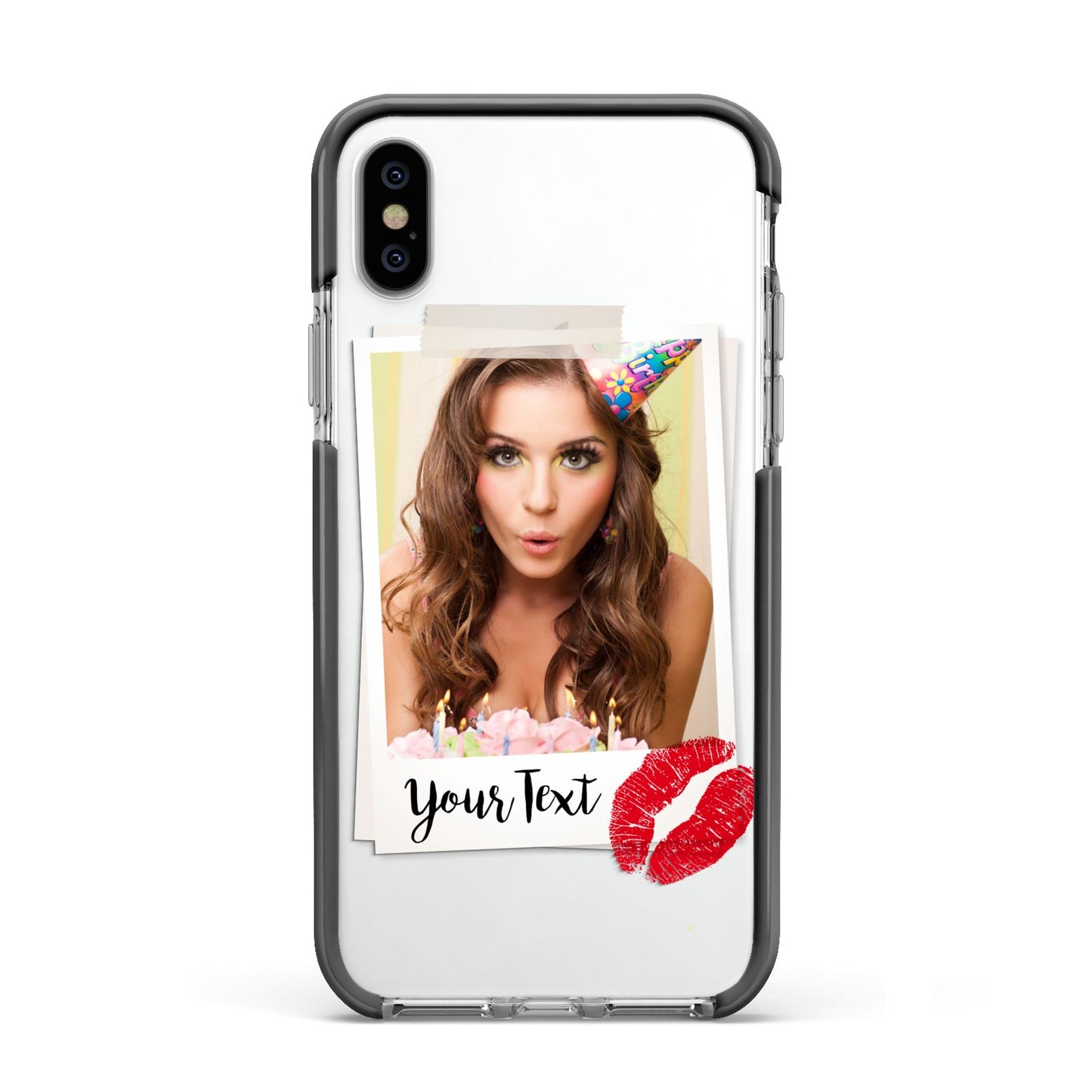 Personalised Photo Kiss Apple iPhone Xs Impact Case Black Edge on Silver Phone