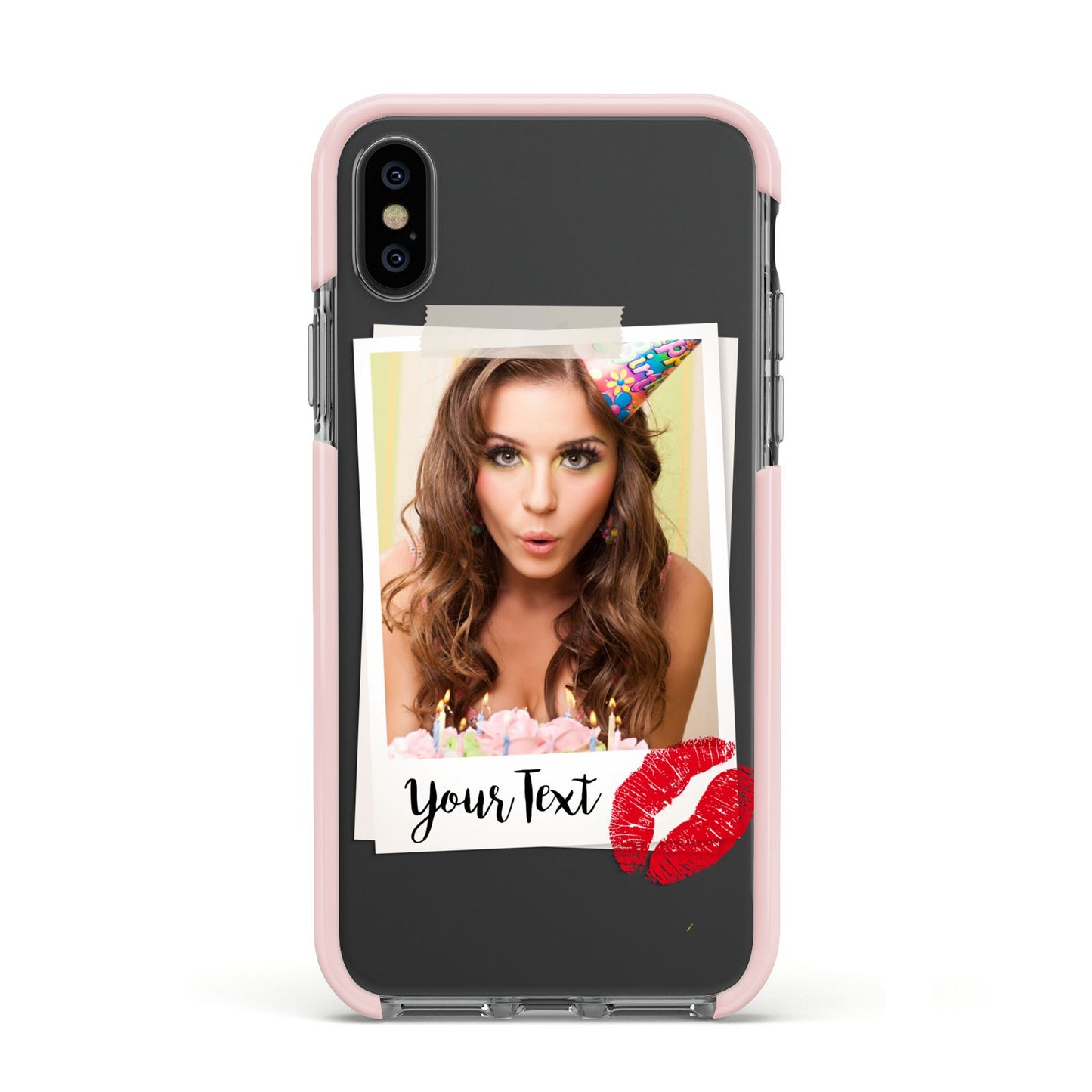 Personalised Photo Kiss Apple iPhone Xs Impact Case Pink Edge on Black Phone