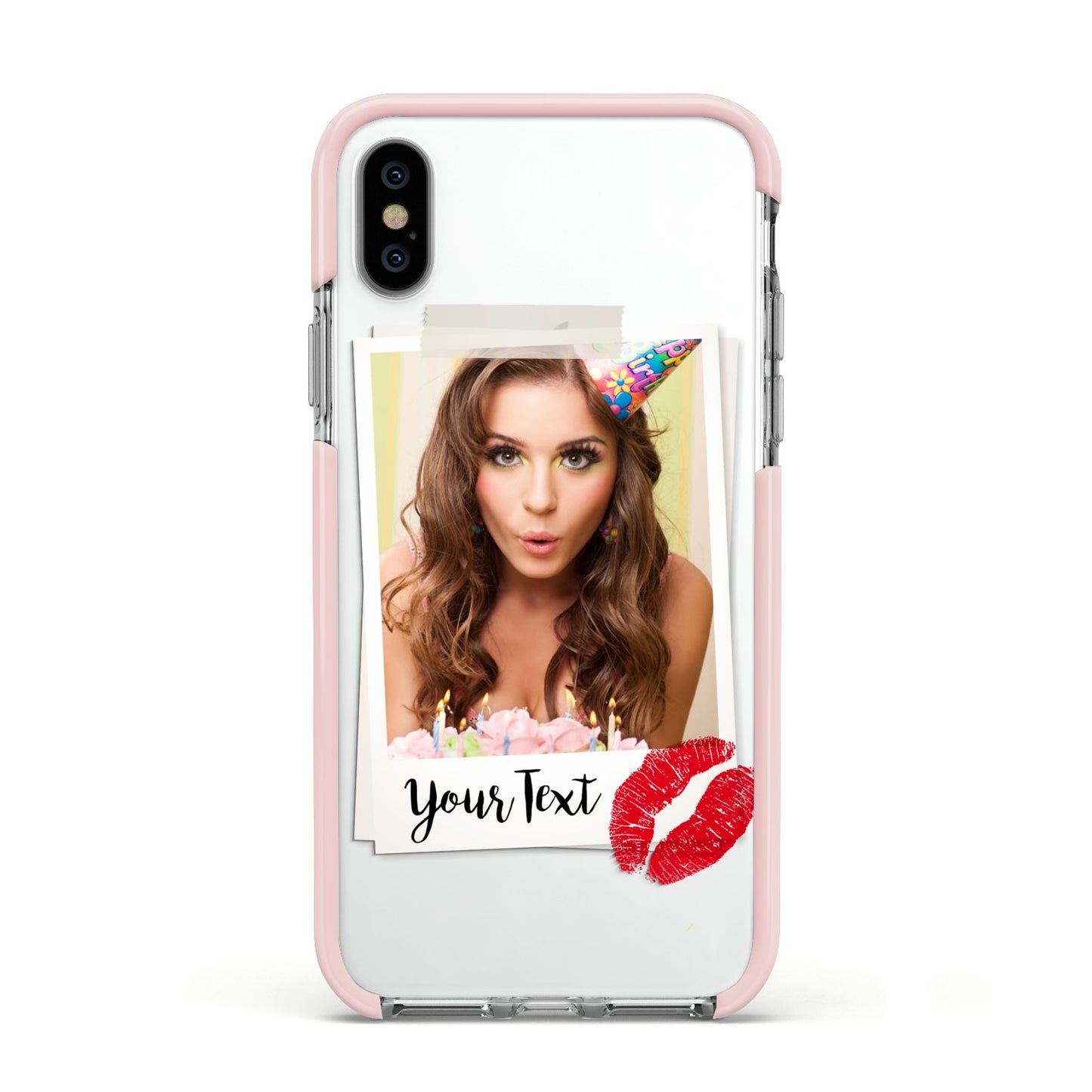 Personalised Photo Kiss Apple iPhone Xs Impact Case Pink Edge on Silver Phone