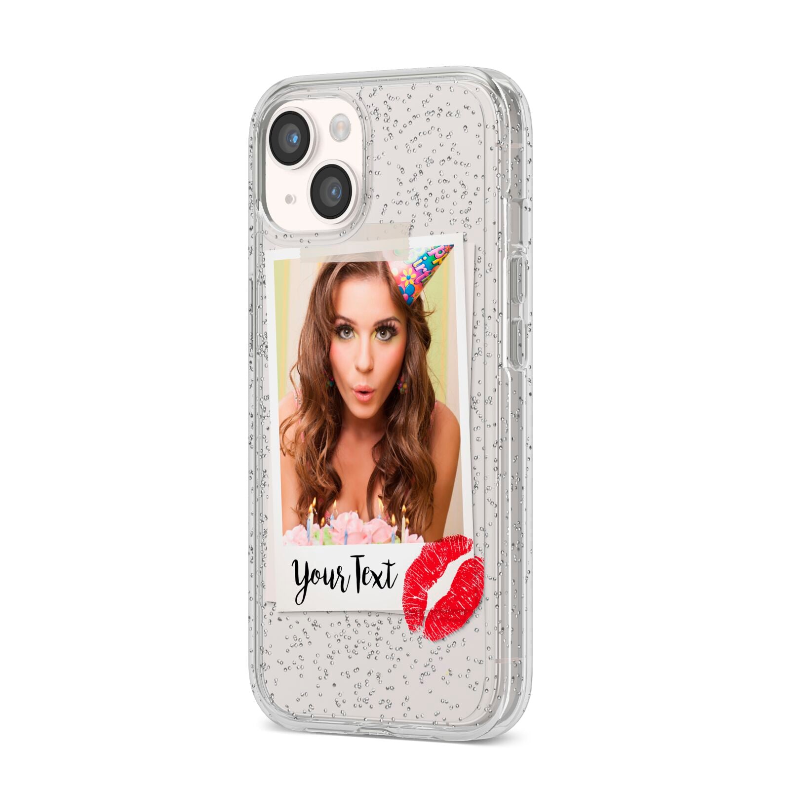 Personalised Photo Kiss iPhone 14 Glitter Tough Case Starlight Angled Image