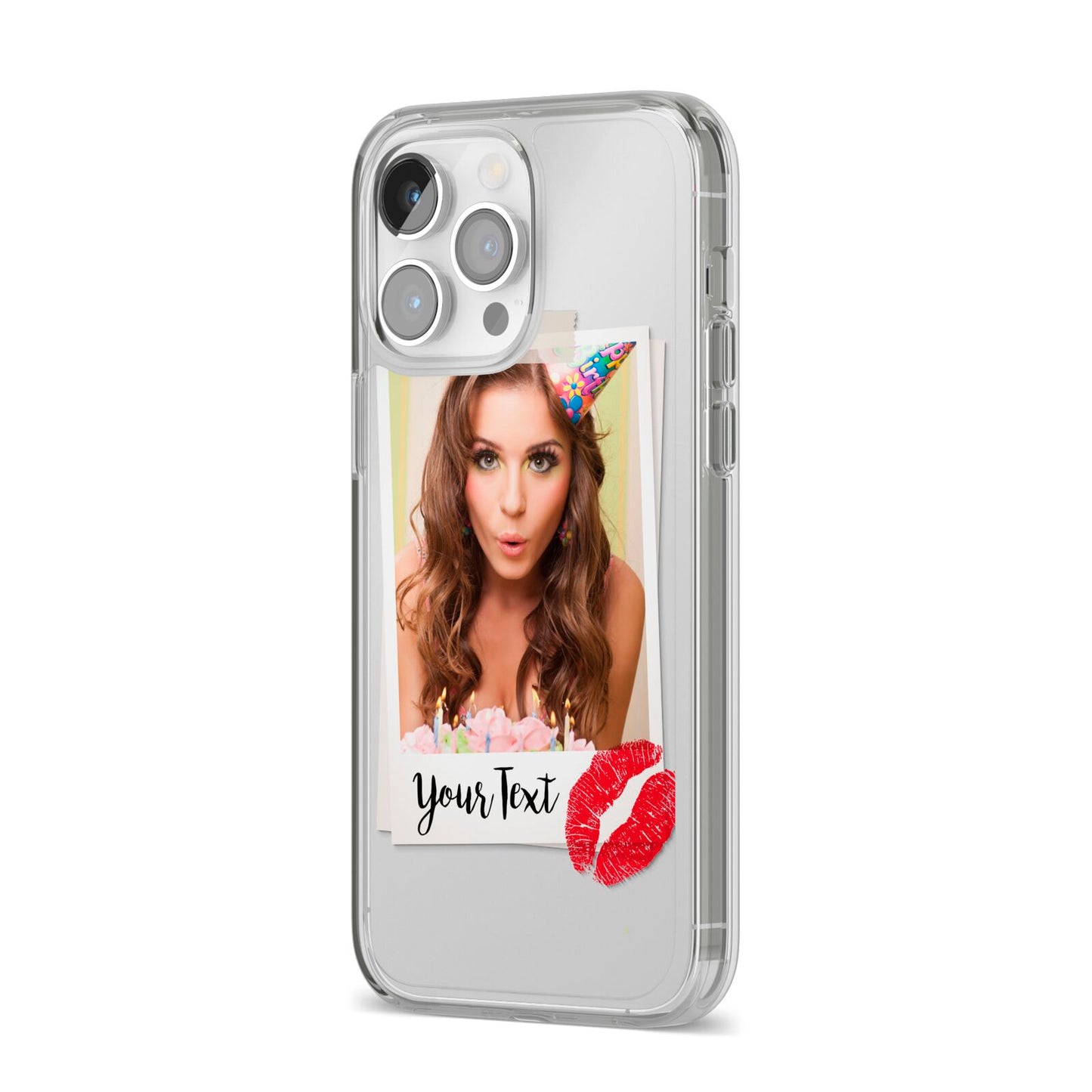 Personalised Photo Kiss iPhone 14 Pro Max Clear Tough Case Silver Angled Image