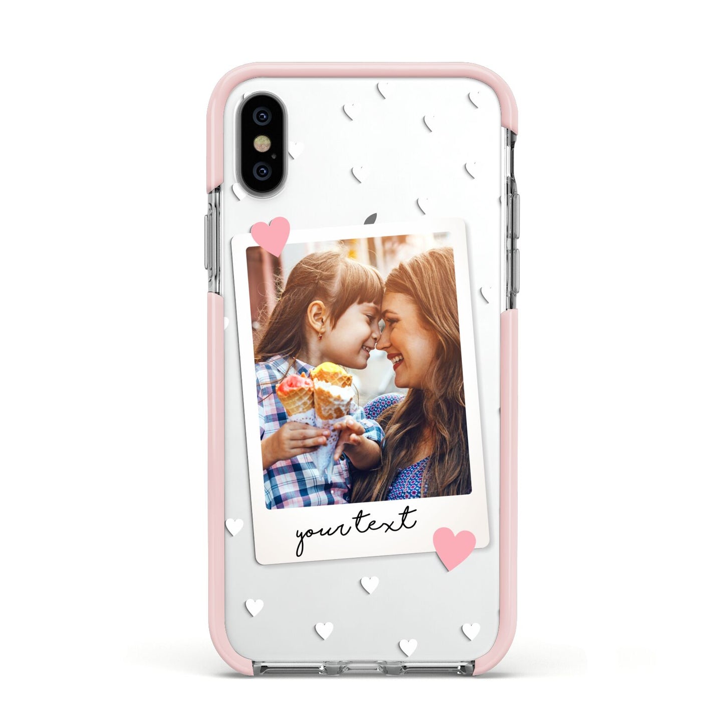Personalised Photo Love Hearts Apple iPhone Xs Impact Case Pink Edge on Silver Phone