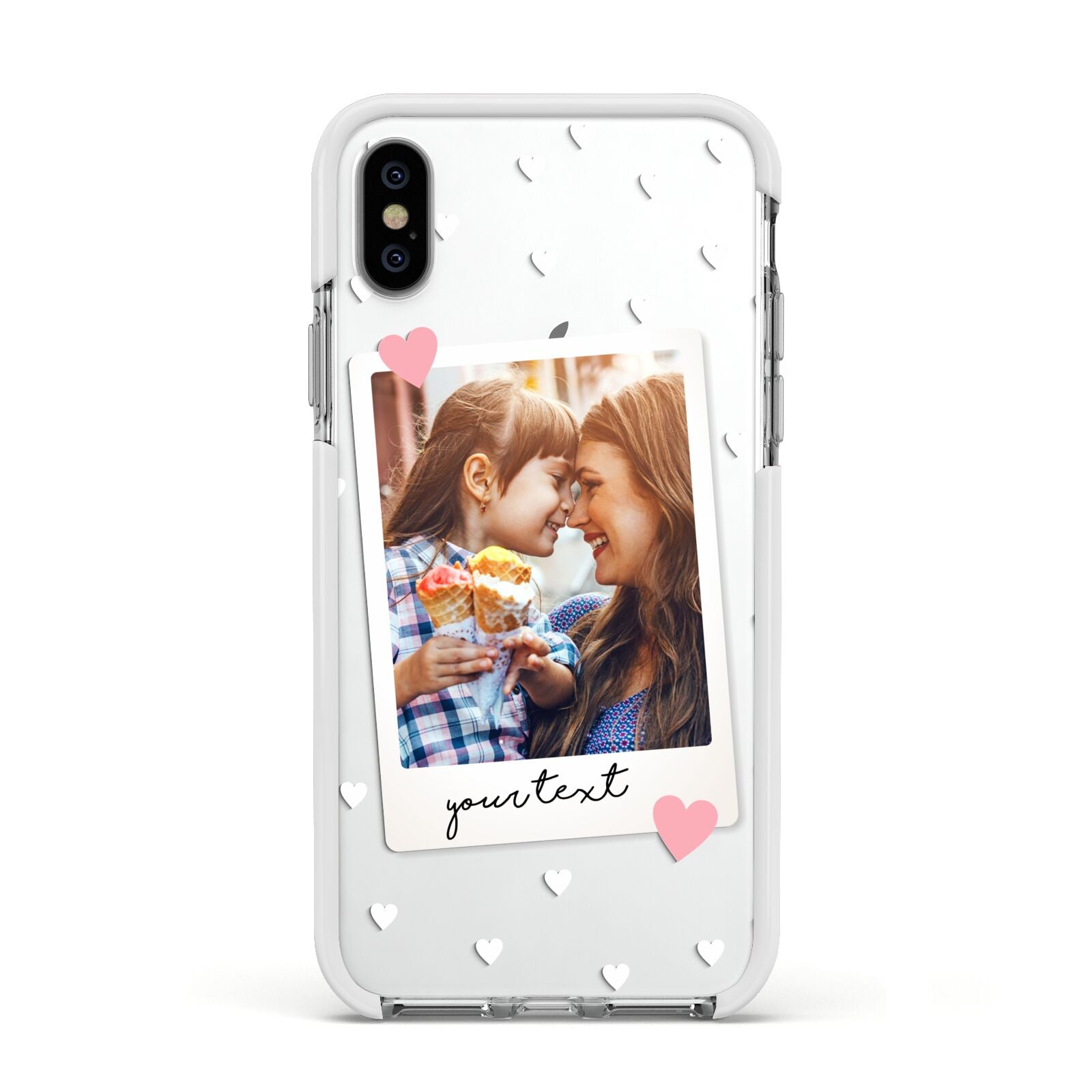 Personalised Photo Love Hearts Apple iPhone Xs Impact Case White Edge on Silver Phone