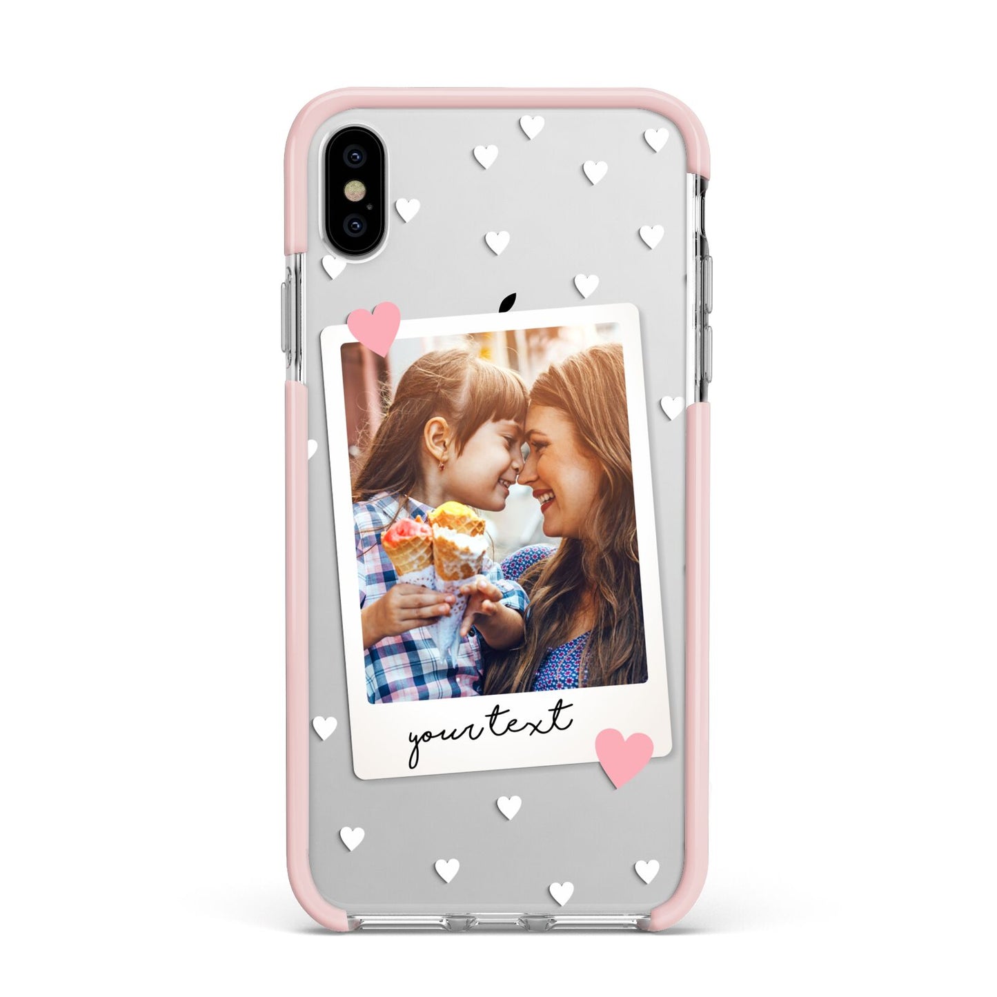 Personalised Photo Love Hearts Apple iPhone Xs Max Impact Case Pink Edge on Silver Phone