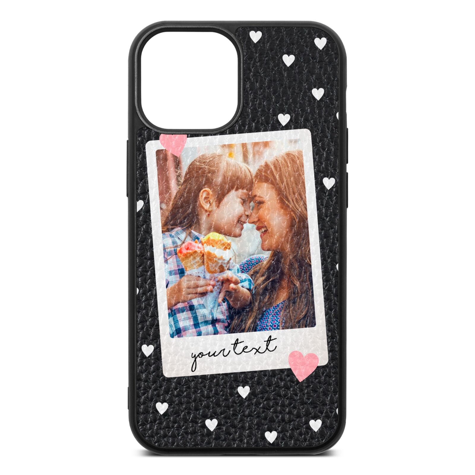 Personalised Photo Love Hearts Black Pebble Leather iPhone 13 Mini Case