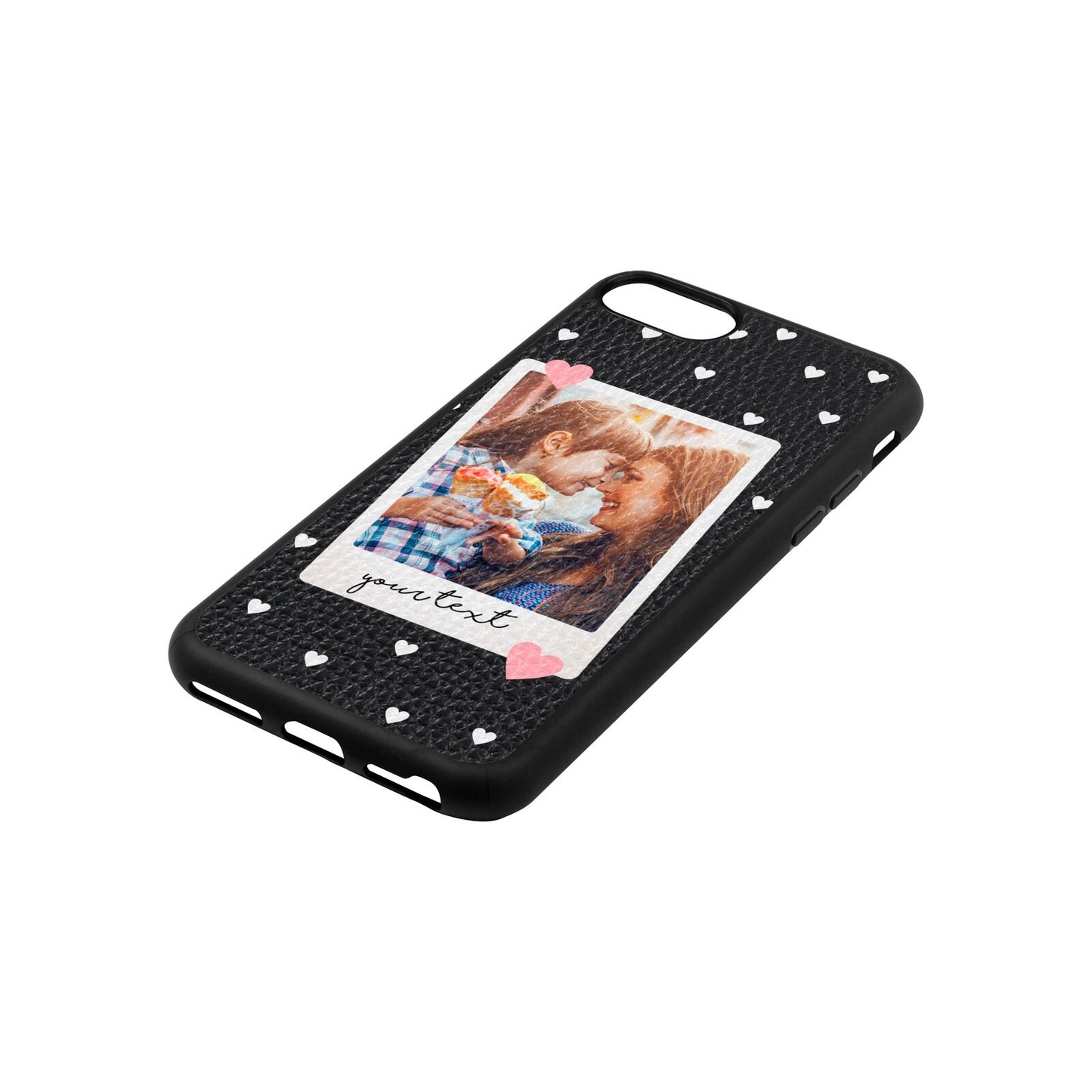Personalised Photo Love Hearts Black Pebble Leather iPhone 8 Case Side Angle