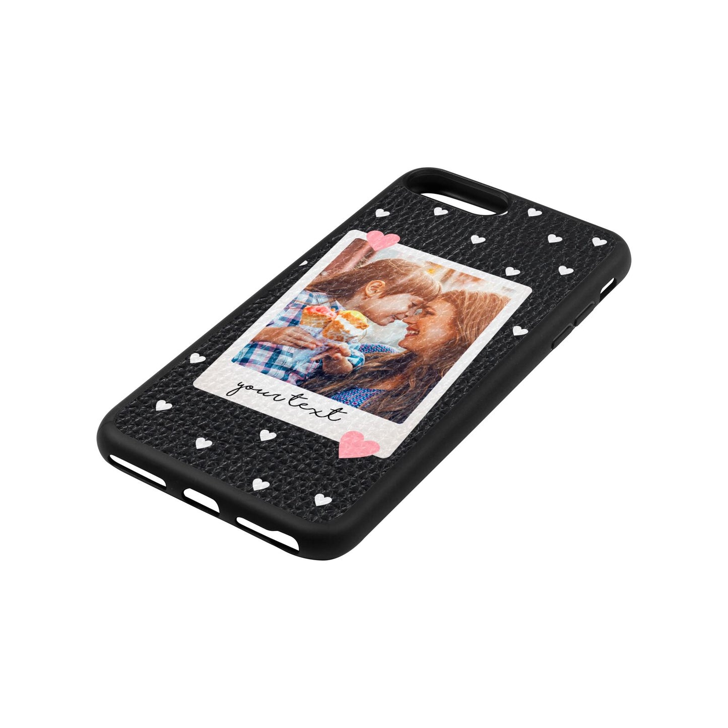 Personalised Photo Love Hearts Black Pebble Leather iPhone 8 Plus Case Side Angle