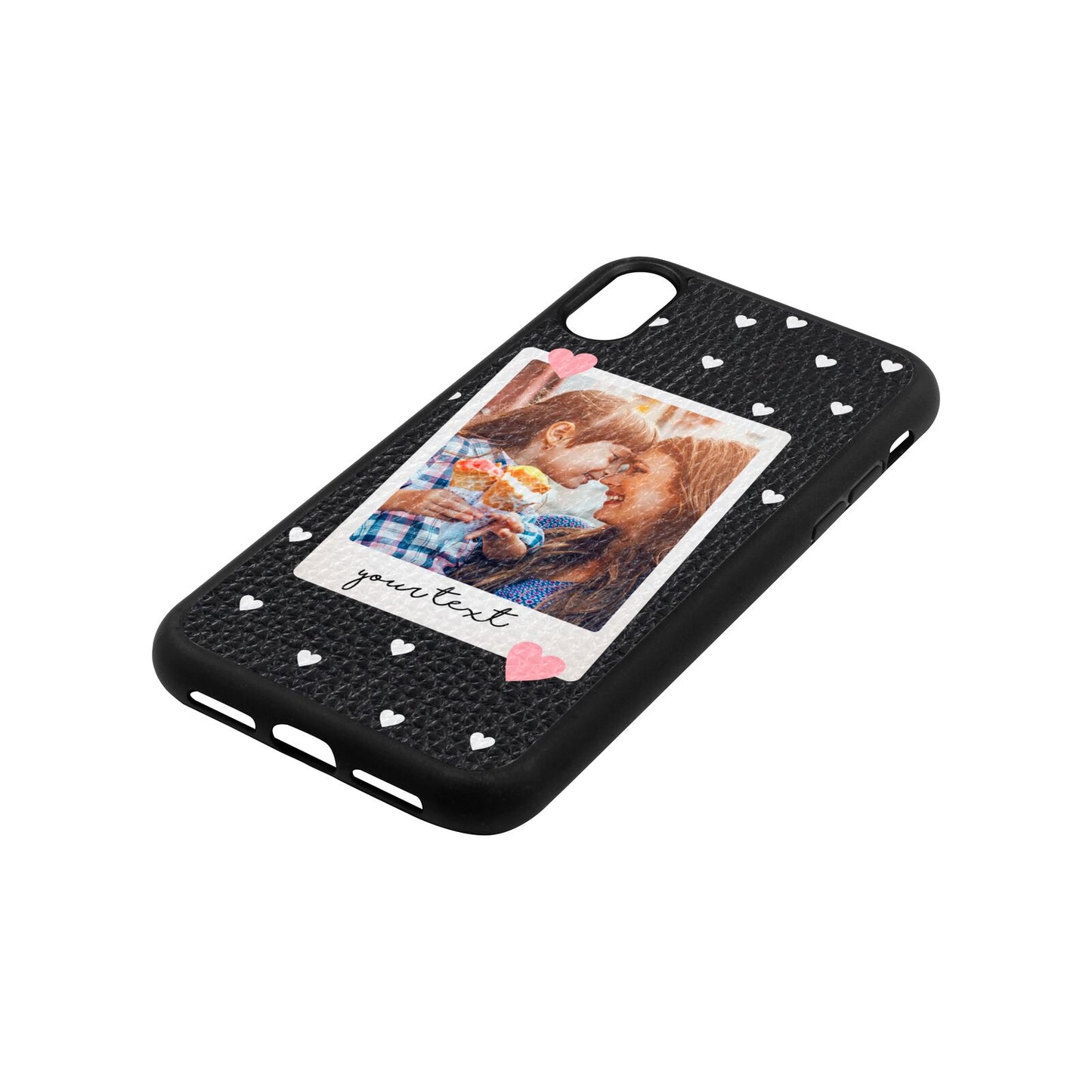Personalised Photo Love Hearts Black Pebble Leather iPhone Xr Case Side Angle