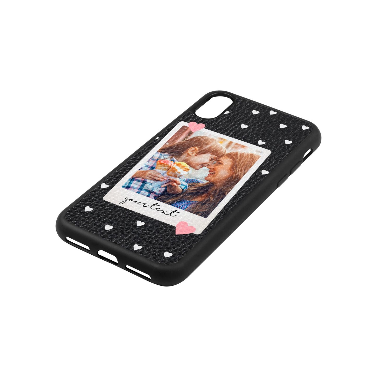 Personalised Photo Love Hearts Black Pebble Leather iPhone Xs Case Side Angle