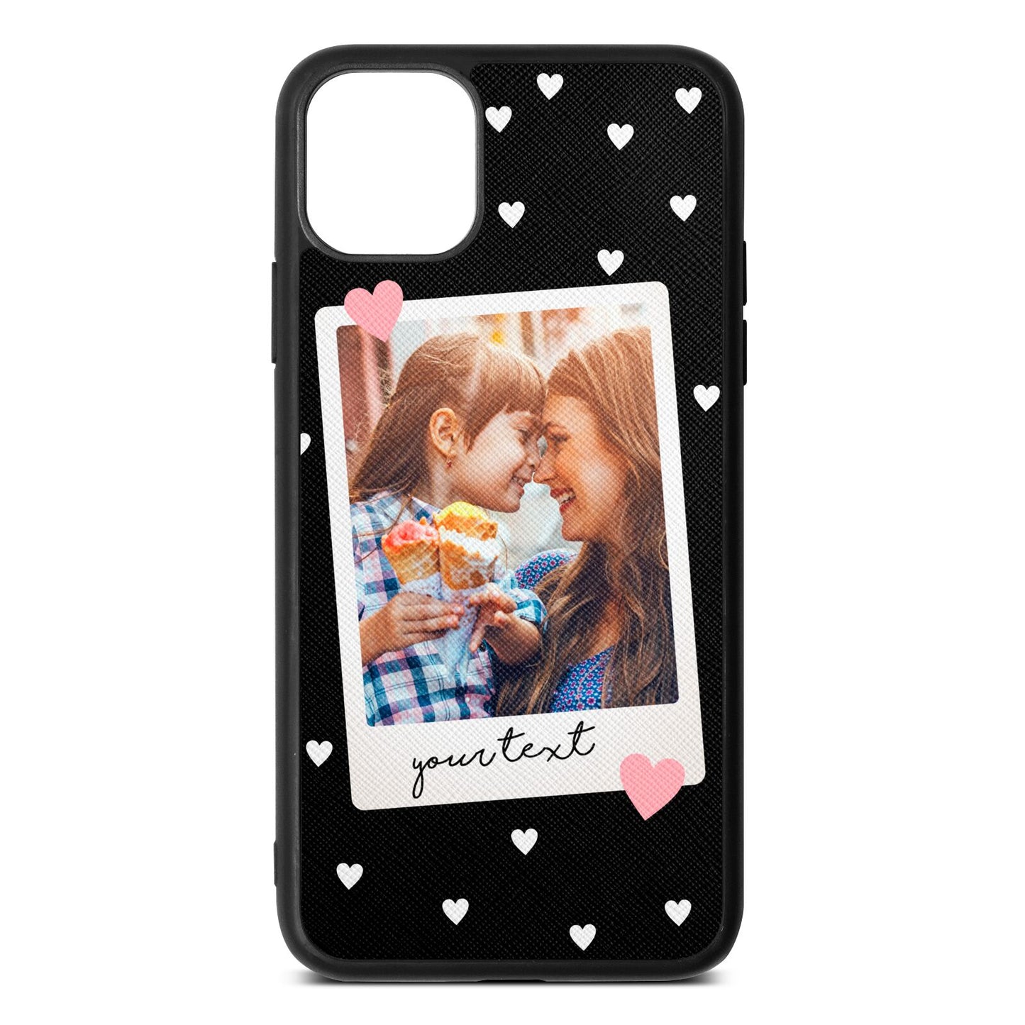 Personalised Photo Love Hearts Black Saffiano Leather iPhone 11 Pro Max Case