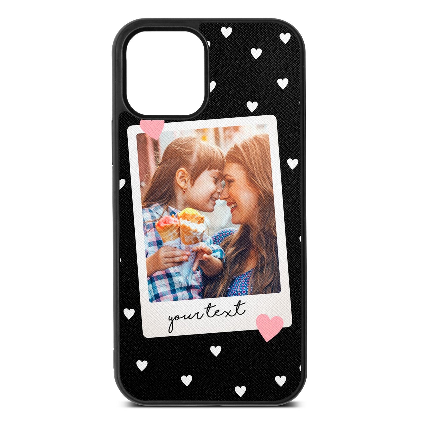 Personalised Photo Love Hearts Black Saffiano Leather iPhone 12 Case