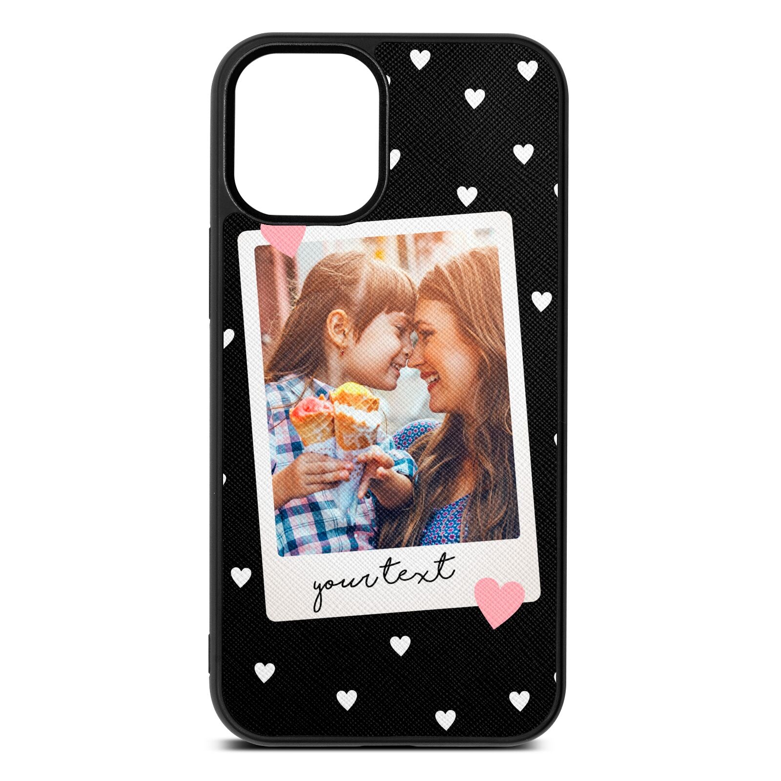 Personalised Photo Love Hearts Black Saffiano Leather iPhone 12 Mini Case