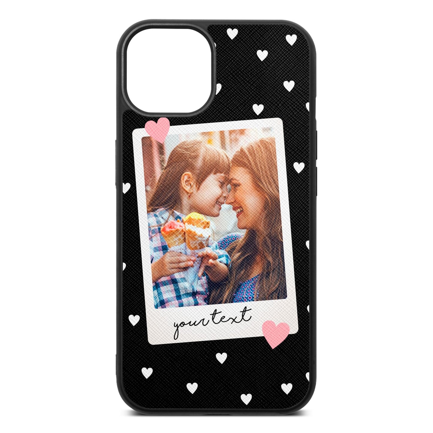Personalised Photo Love Hearts Black Saffiano Leather iPhone 13 Case