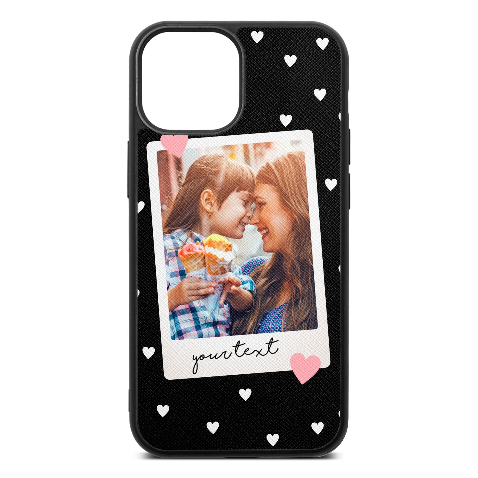 Personalised Photo Love Hearts Black Saffiano Leather iPhone 13 Mini Case