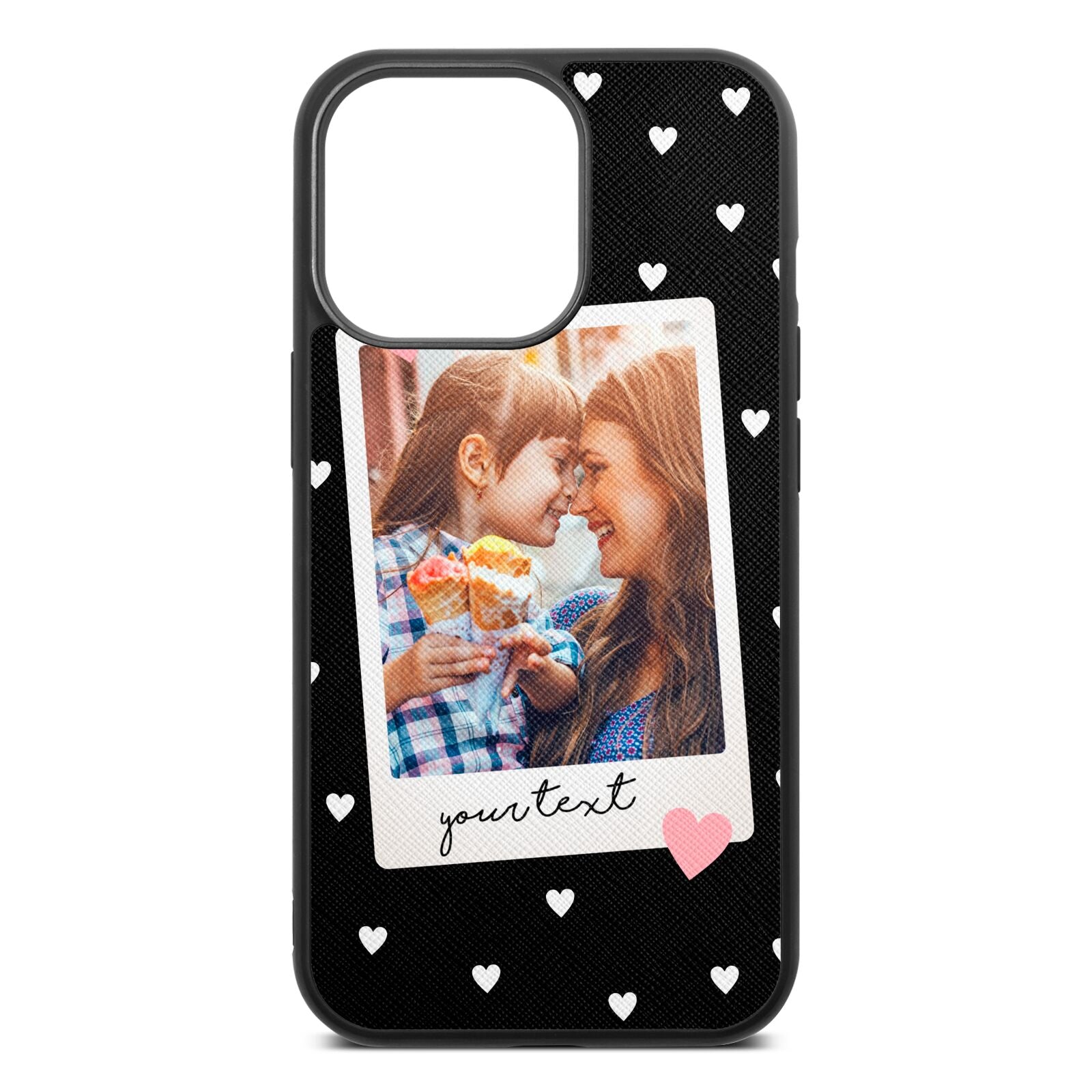 Personalised Photo Love Hearts Black Saffiano Leather iPhone 13 Pro Case