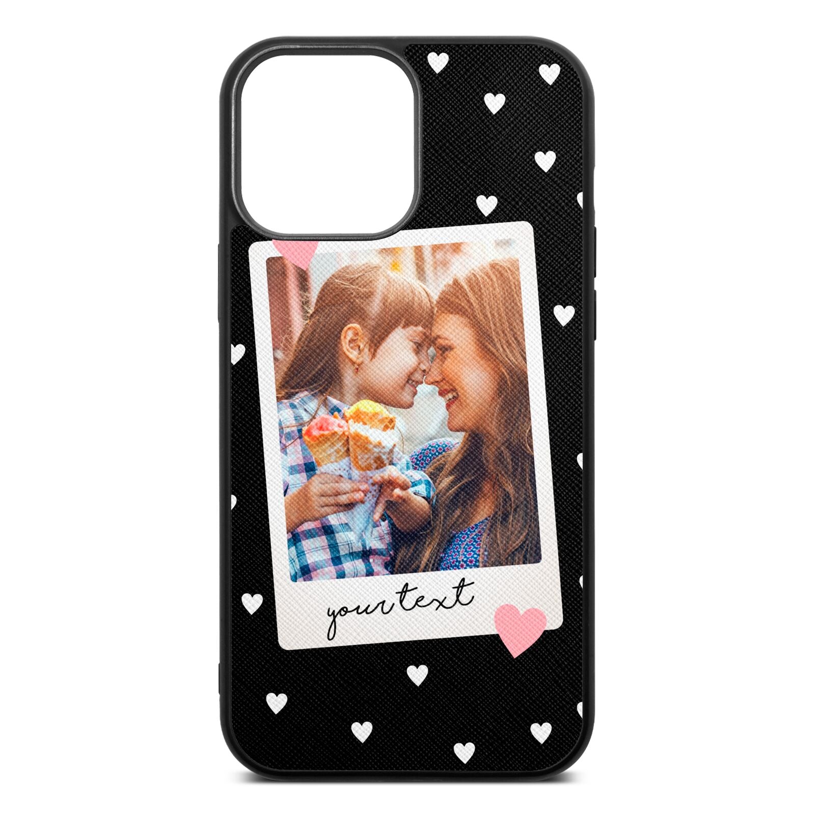 Personalised Photo Love Hearts Black Saffiano Leather iPhone 13 Pro Max Case