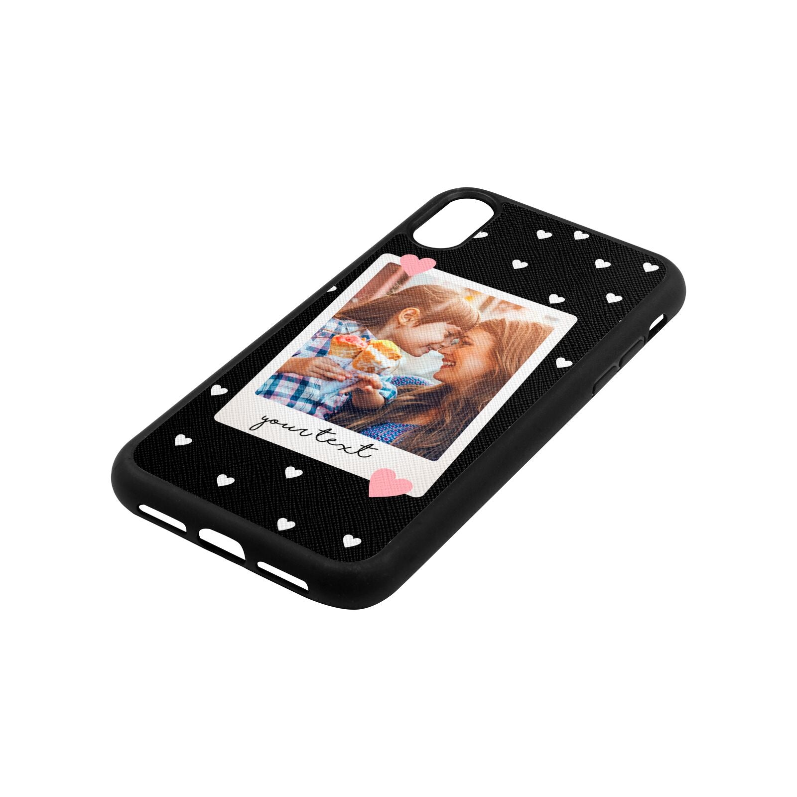 Personalised Photo Love Hearts Black Saffiano Leather iPhone Xr Case Side Angle