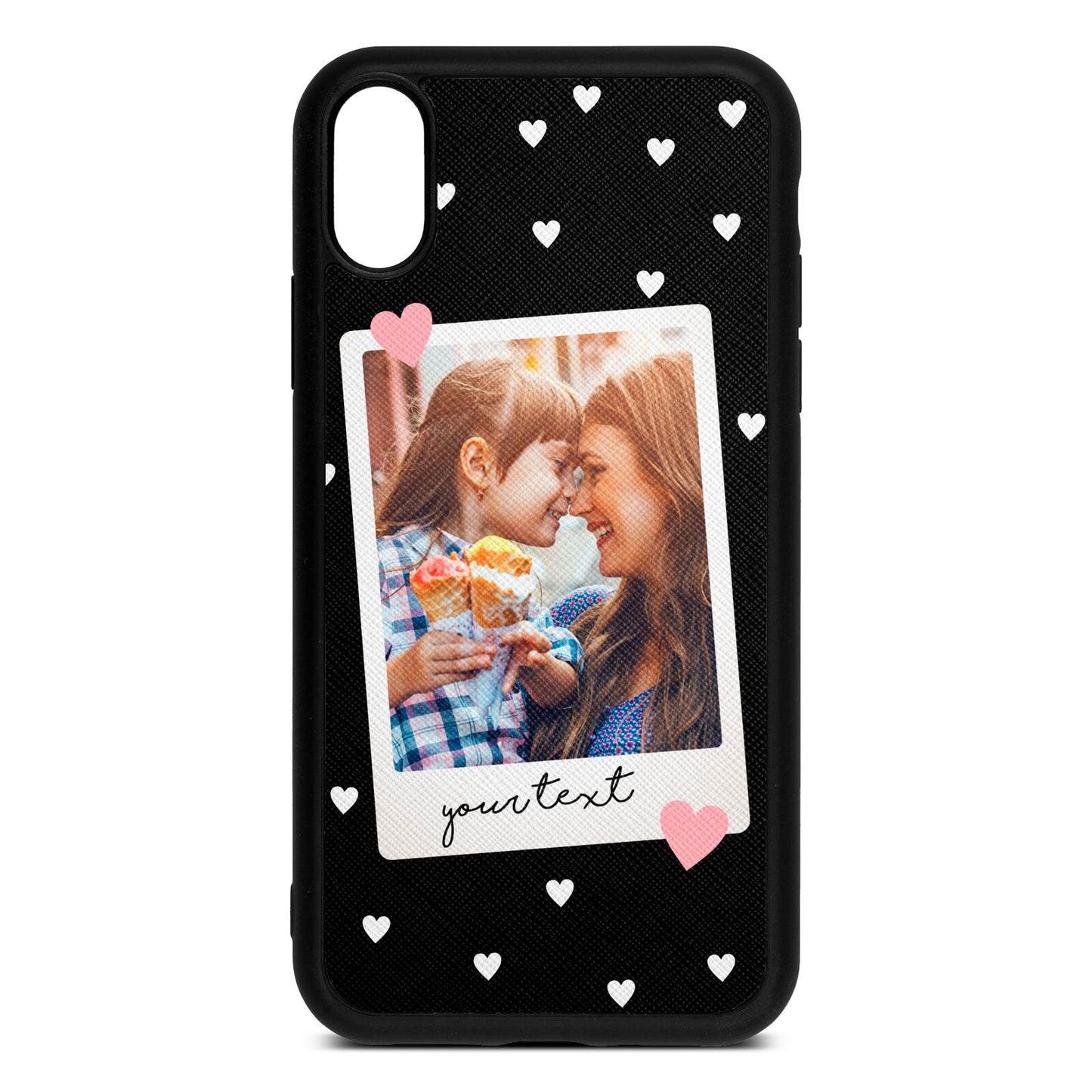 Personalised Photo Love Hearts Black Saffiano Leather iPhone Xr Case
