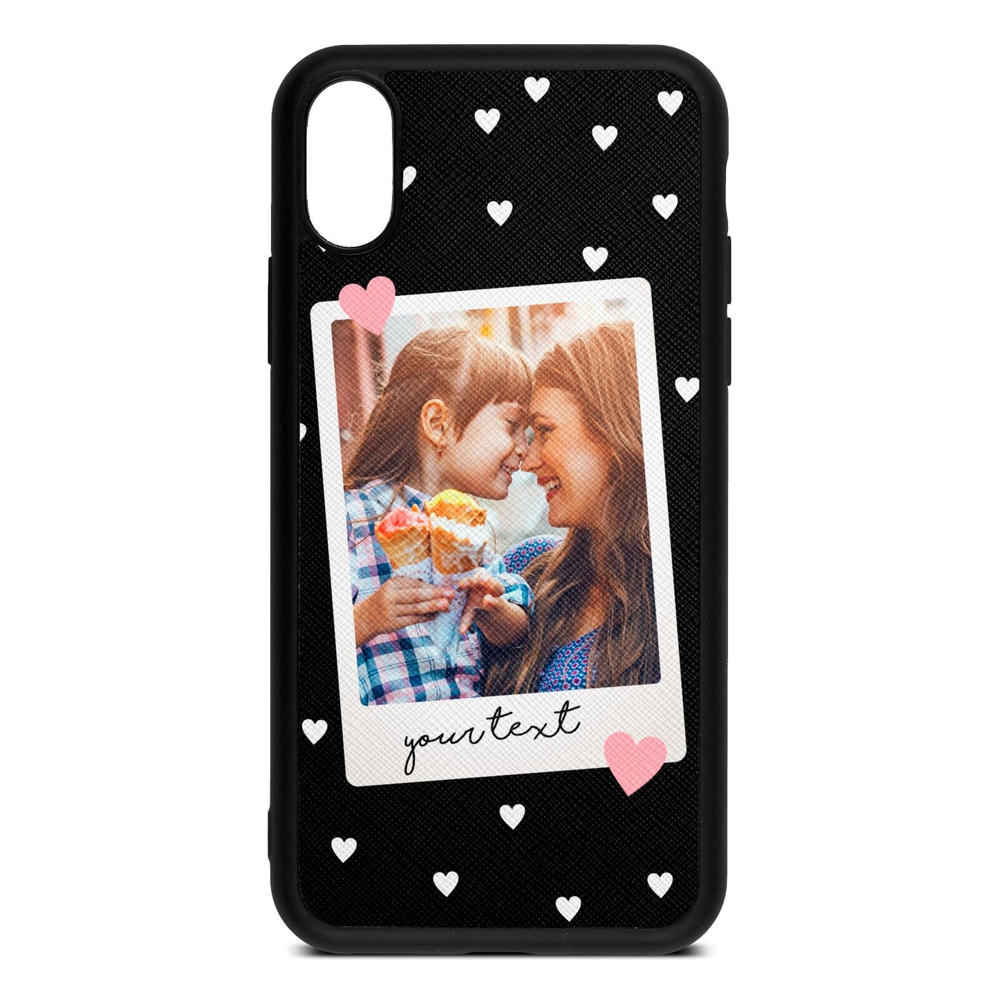 Personalised Photo Love Hearts Black Saffiano Leather iPhone Xs Case