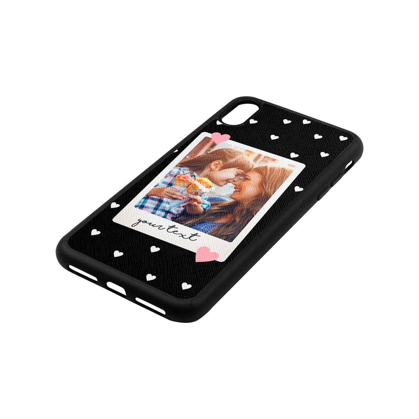 Personalised Photo Love Hearts Black Saffiano Leather iPhone Xs Max Case Side Angle