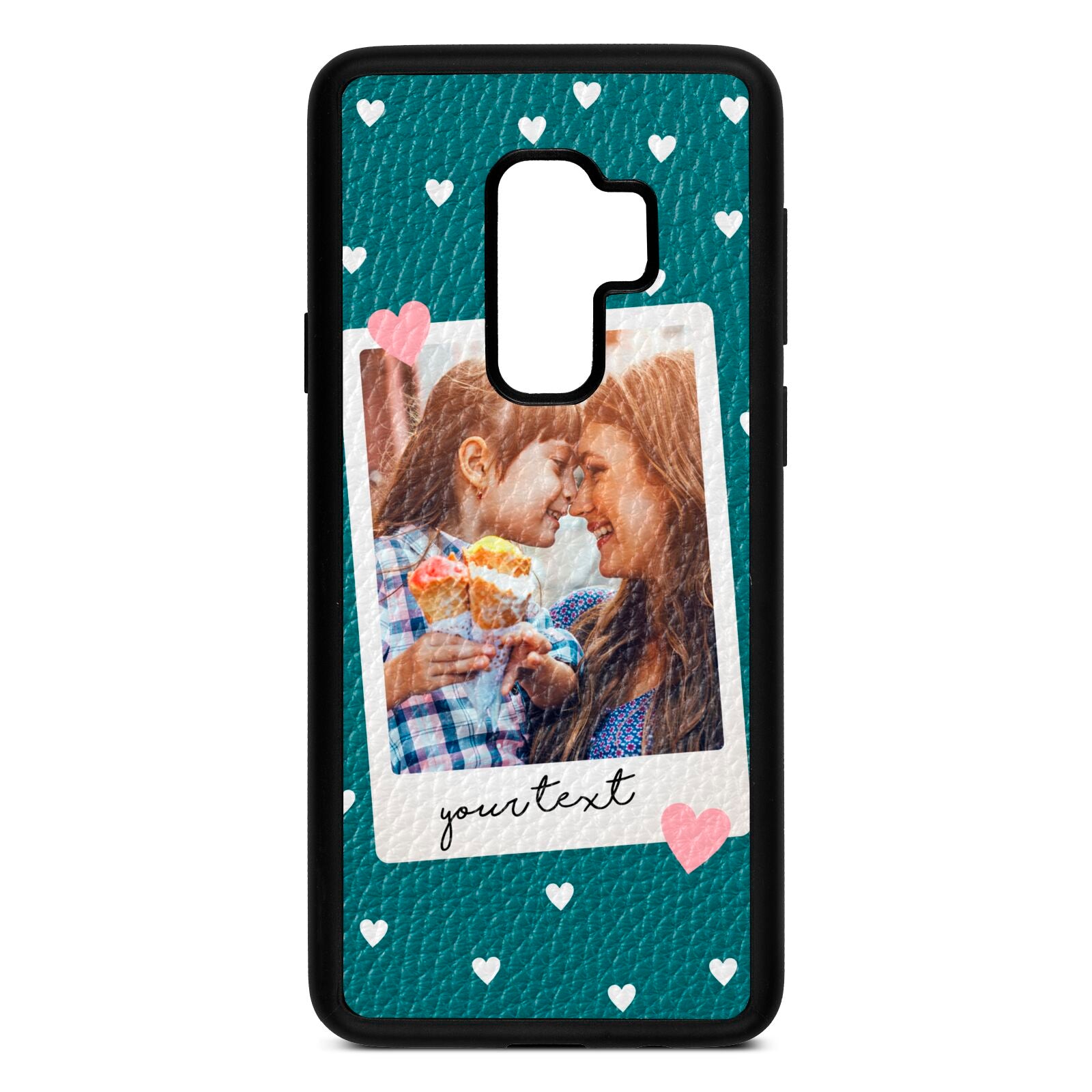 Personalised Photo Love Hearts Green Pebble Leather Samsung S9 Plus Case