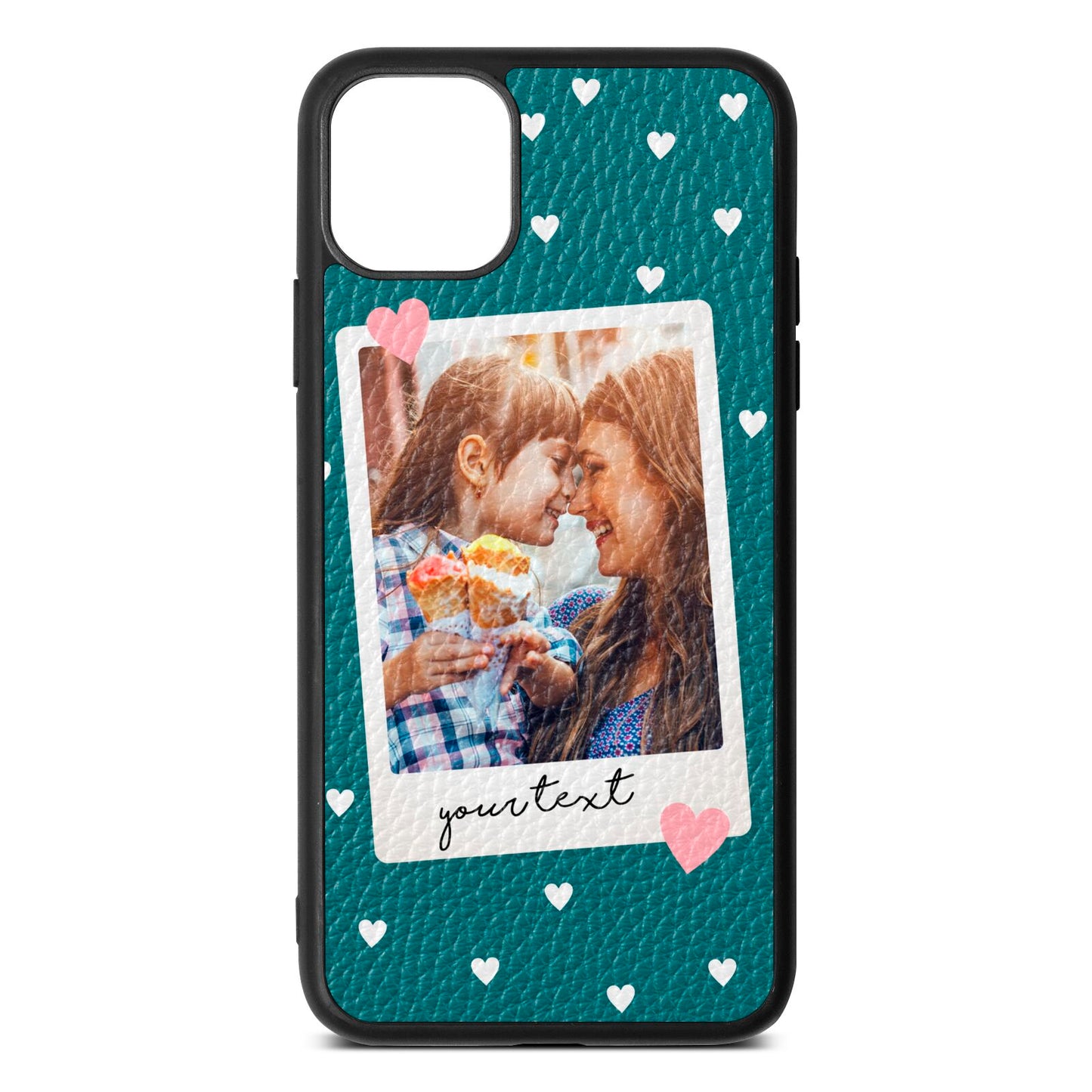 Personalised Photo Love Hearts Green Pebble Leather iPhone 11 Pro Max Case