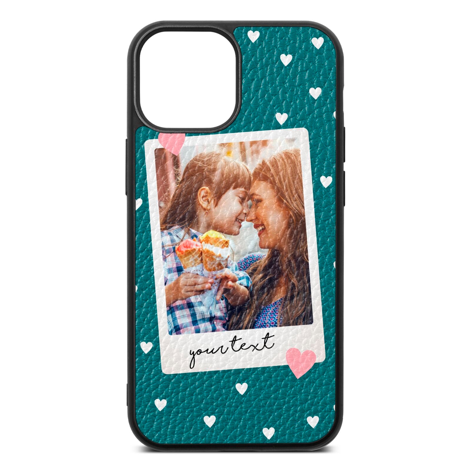 Personalised Photo Love Hearts Green Pebble Leather iPhone 13 Mini Case