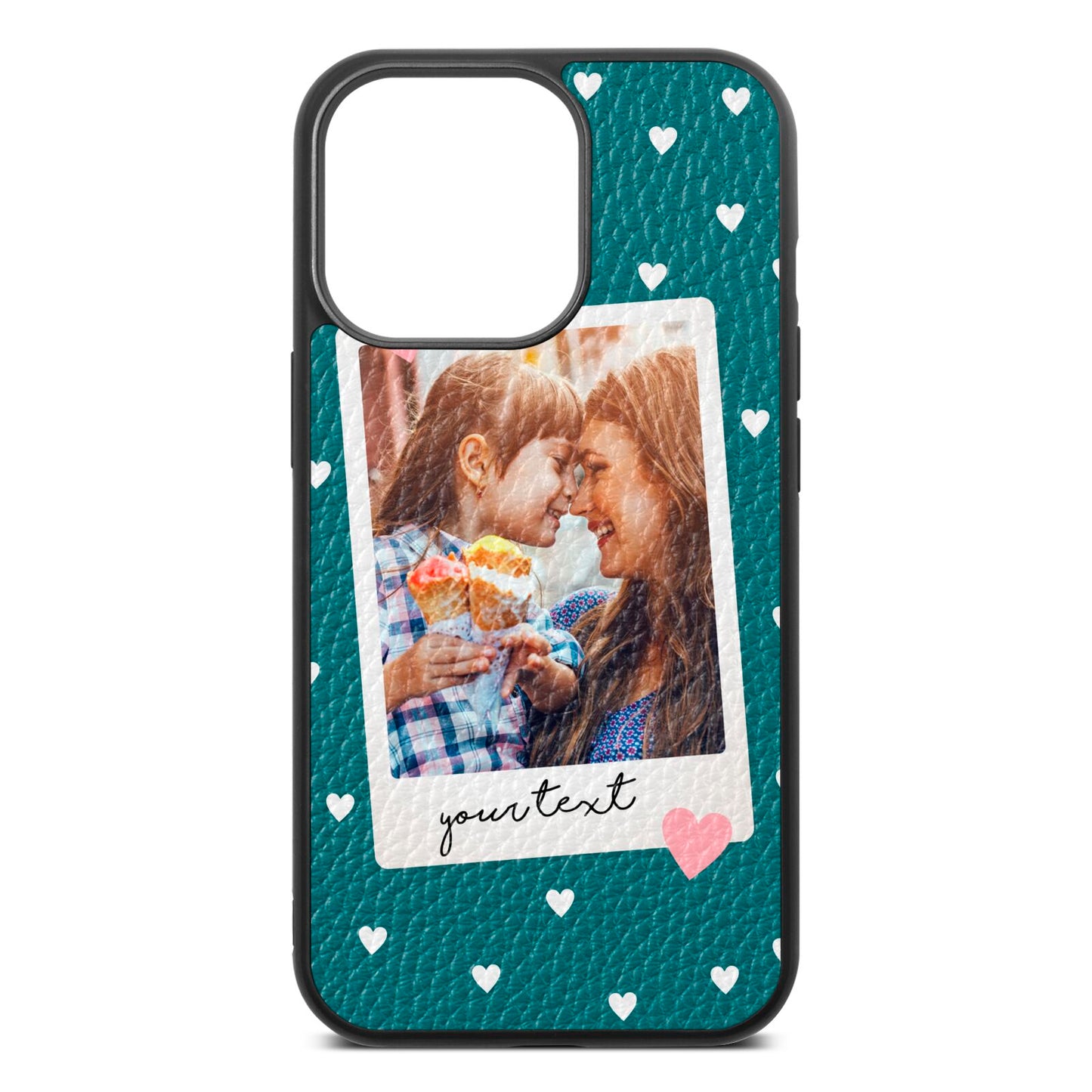 Personalised Photo Love Hearts Green Pebble Leather iPhone 13 Pro Case