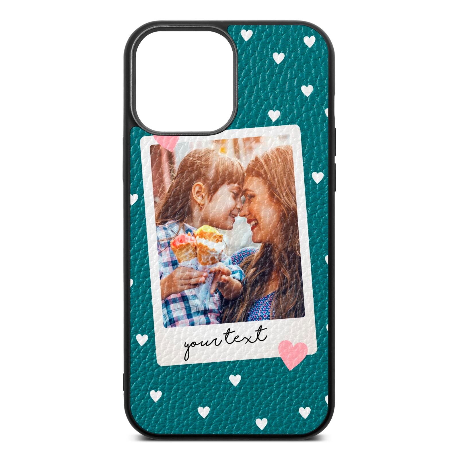 Personalised Photo Love Hearts Green Pebble Leather iPhone 13 Pro Max Case