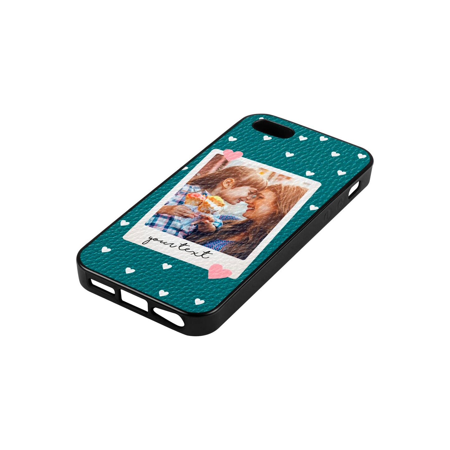 Personalised Photo Love Hearts Green Pebble Leather iPhone 5 Case Side Angle