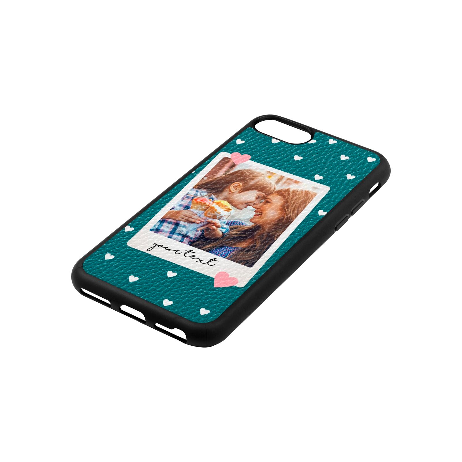 Personalised Photo Love Hearts Green Pebble Leather iPhone 8 Case Side Angle