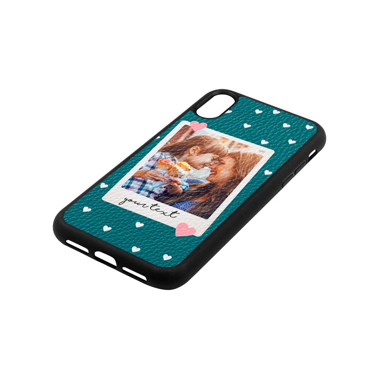 Personalised Photo Love Hearts Green Pebble Leather iPhone Xr Case Side Angle