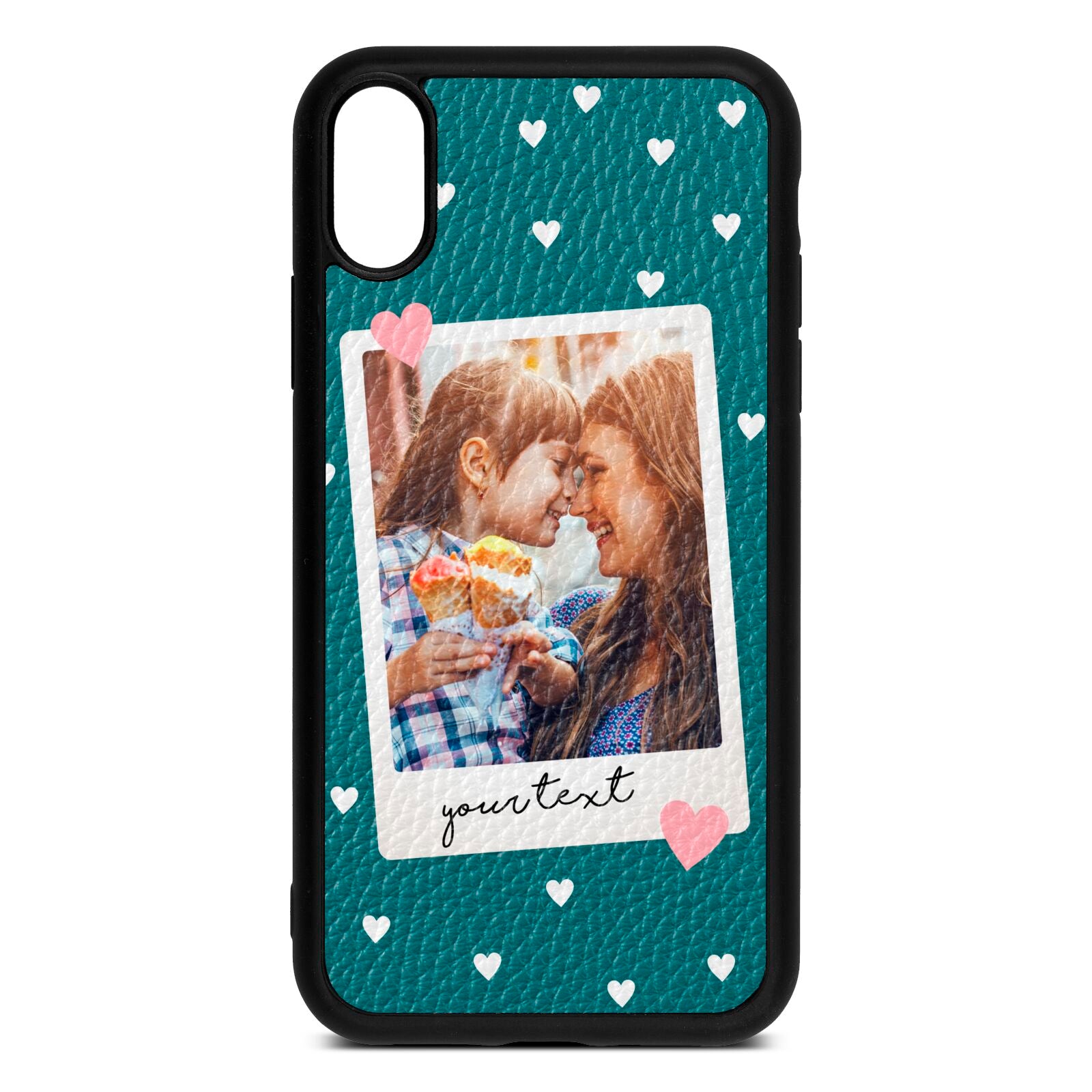 Personalised Photo Love Hearts Green Pebble Leather iPhone Xr Case