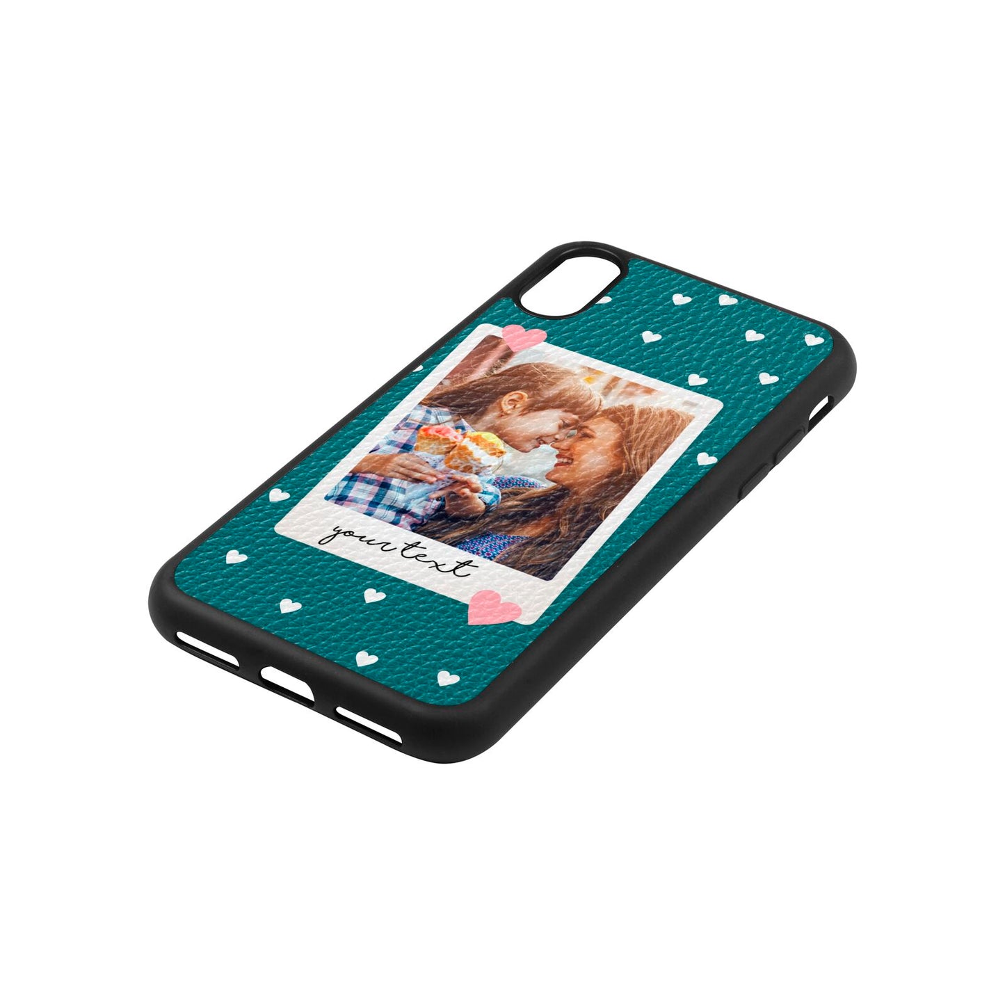 Personalised Photo Love Hearts Green Pebble Leather iPhone Xs Case Side Angle