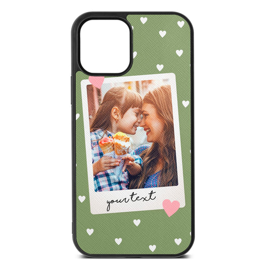 Personalised Photo Love Hearts Lime Saffiano Leather iPhone 12 Case