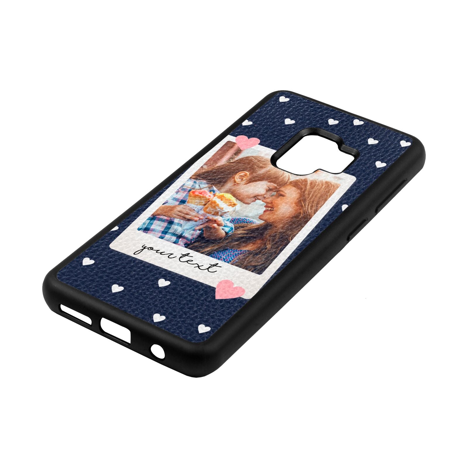 Personalised Photo Love Hearts Navy Blue Pebble Leather Samsung S9 Case Side Angle