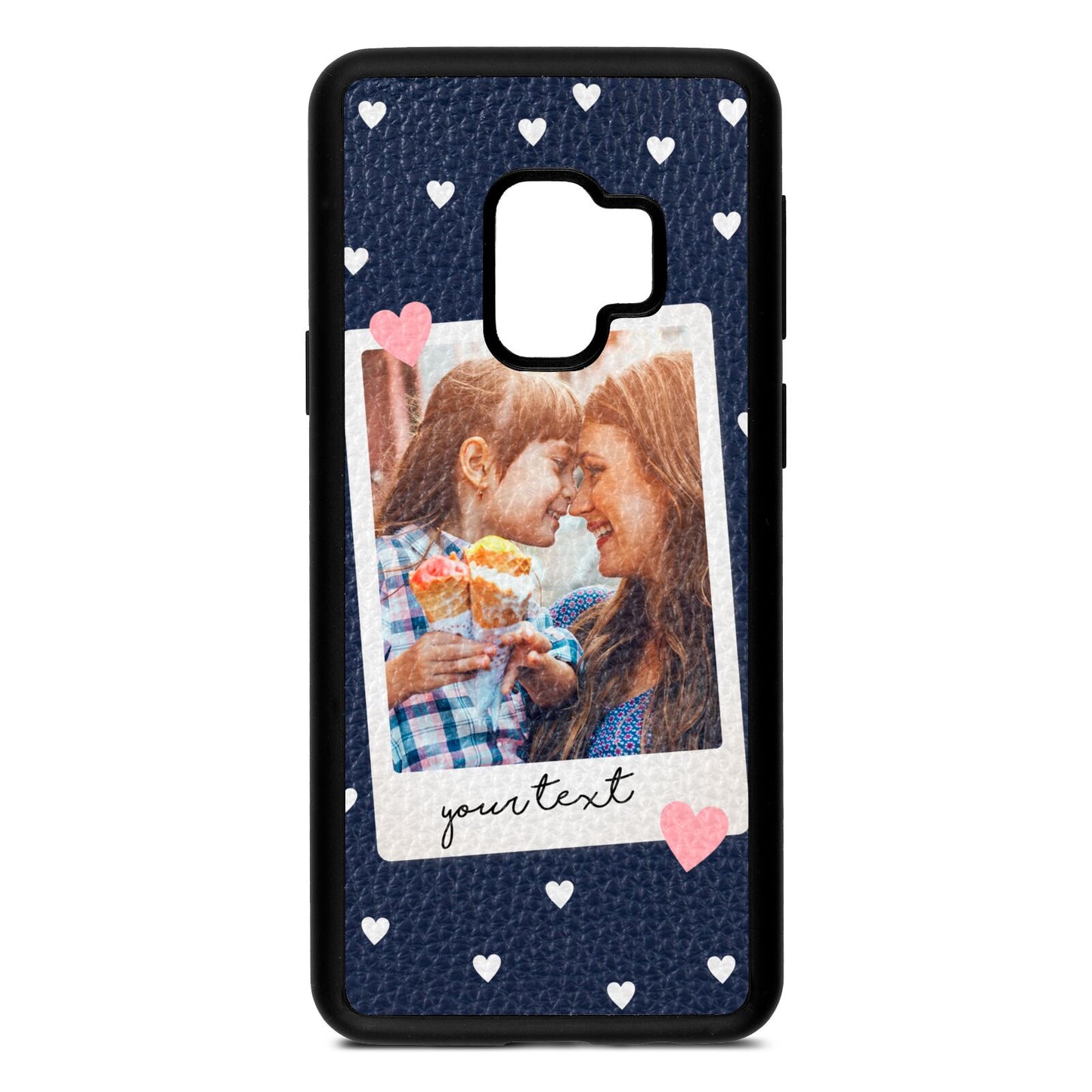 Personalised Photo Love Hearts Navy Blue Pebble Leather Samsung S9 Case